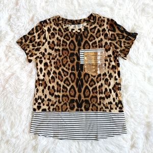 Leopard Print & Striped Short Sleeve Tee with Gold Sequin Pocket